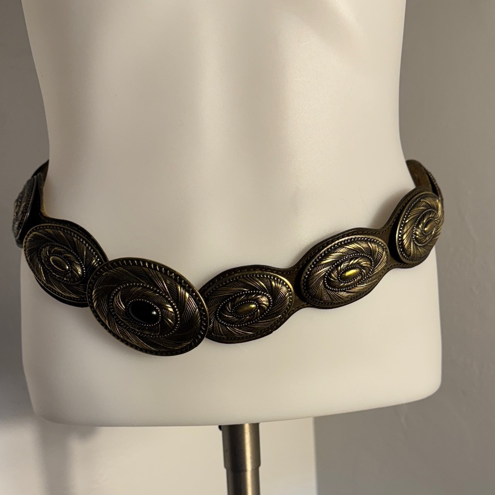 Vintage Spanish Leather Belt with Ornate Brass Medallions & Black Stone Accents